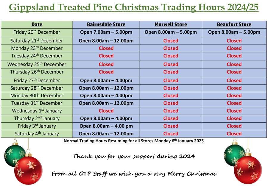 2024 Christmas Trading Hours - GT Pine